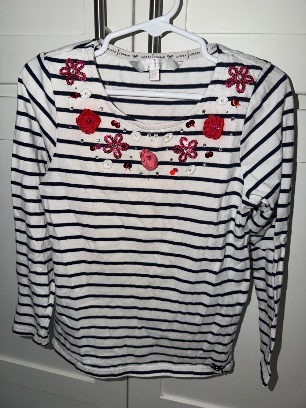 Girls Navy Stripe Embellished Long-Sleeve Top - White/Navy with Red Accents